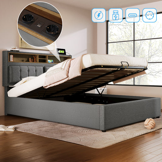 Upholstered Bed Double Bed With USB C Socket Charging Function Headboard, Storage Beds Bed Frame Made Of Linen Material Youth Bed 140x200 With Slatted Base Without Mattress