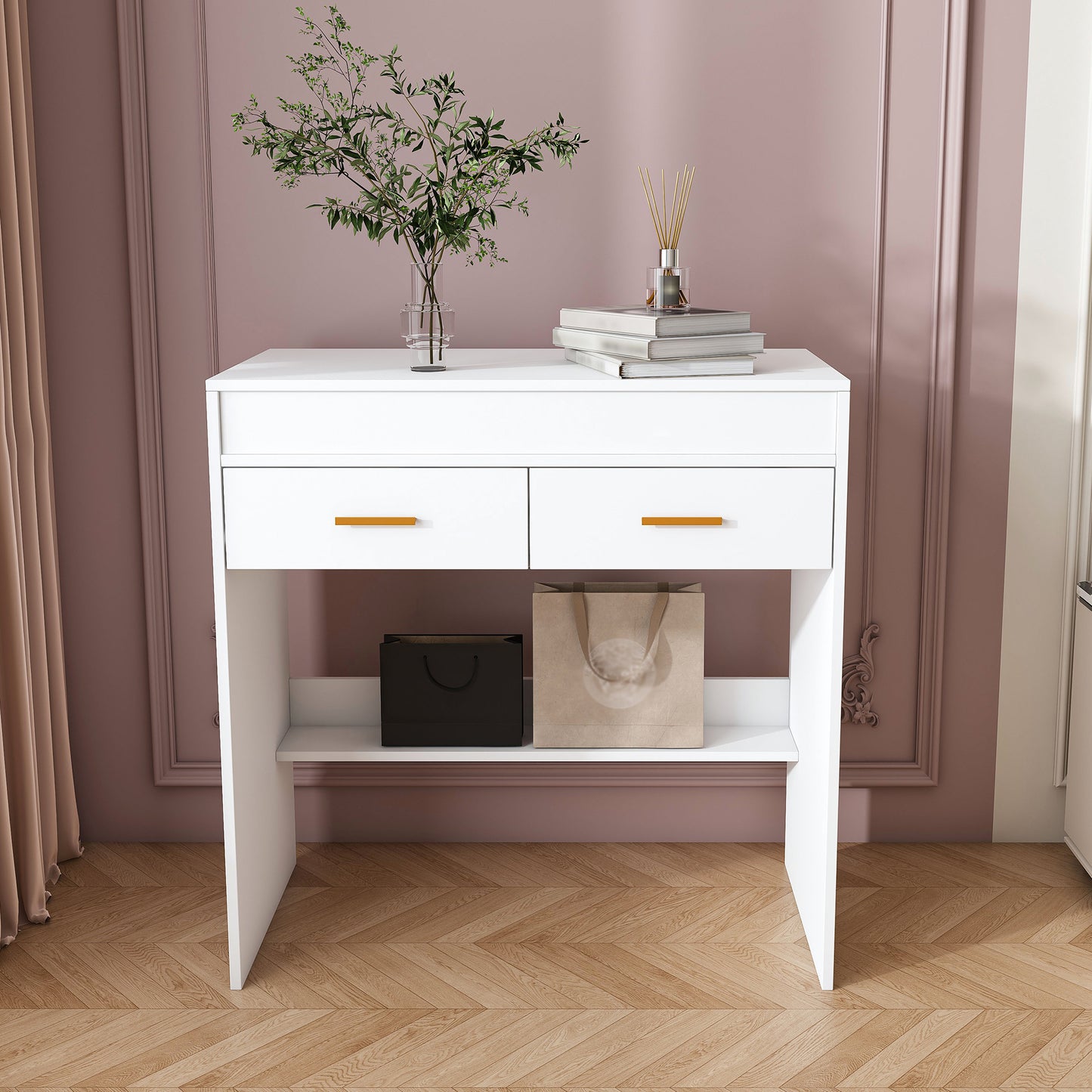 Flip Top Vanity Desk With LED Lighted Mirror & Built-in Outlet - Makeup Vanity Table With 2 Drawers, Open Storage, Hooks For Jewelry No Stool Included, White