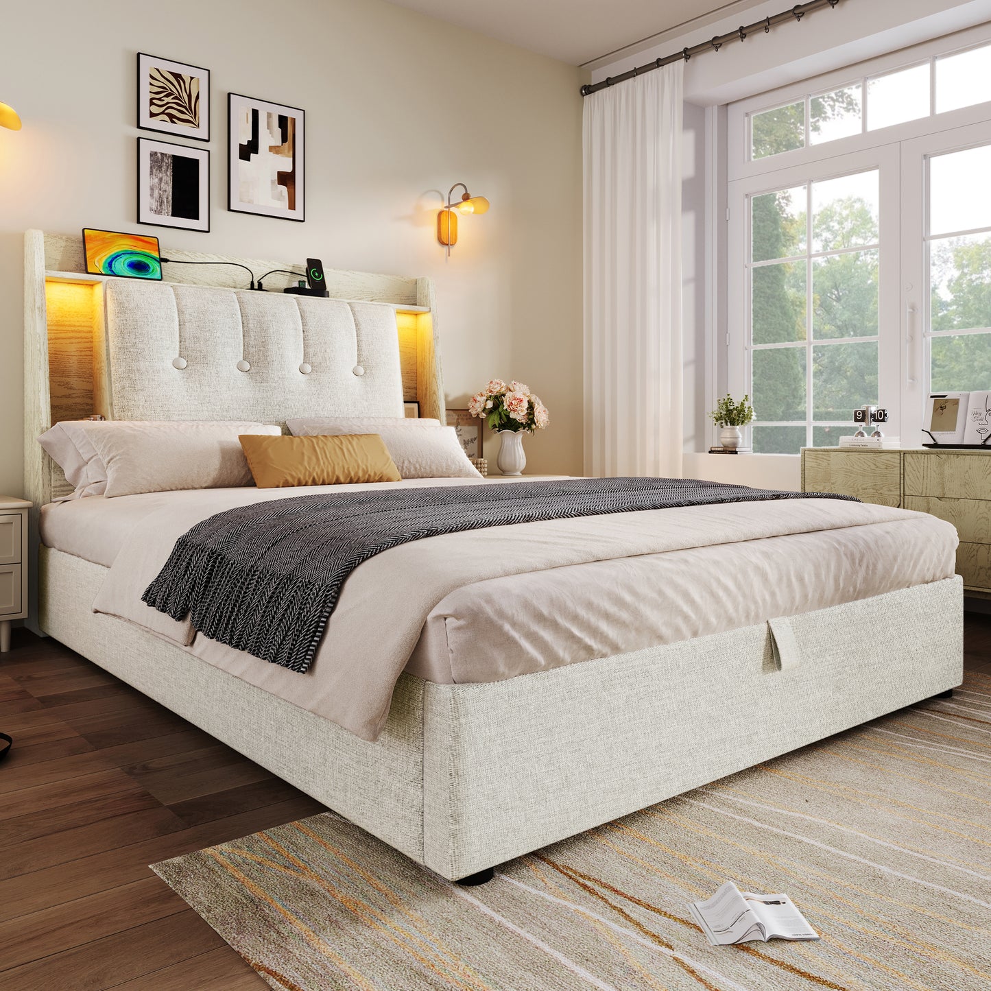 Upholstered Bed, 90x200 Cm, With USB Type-C Charging Function,Without Mattress,Flip-Top Storage Compartment, Multifunctional Storage, LED Lighting, Push-button Appdien,Linen, Beige