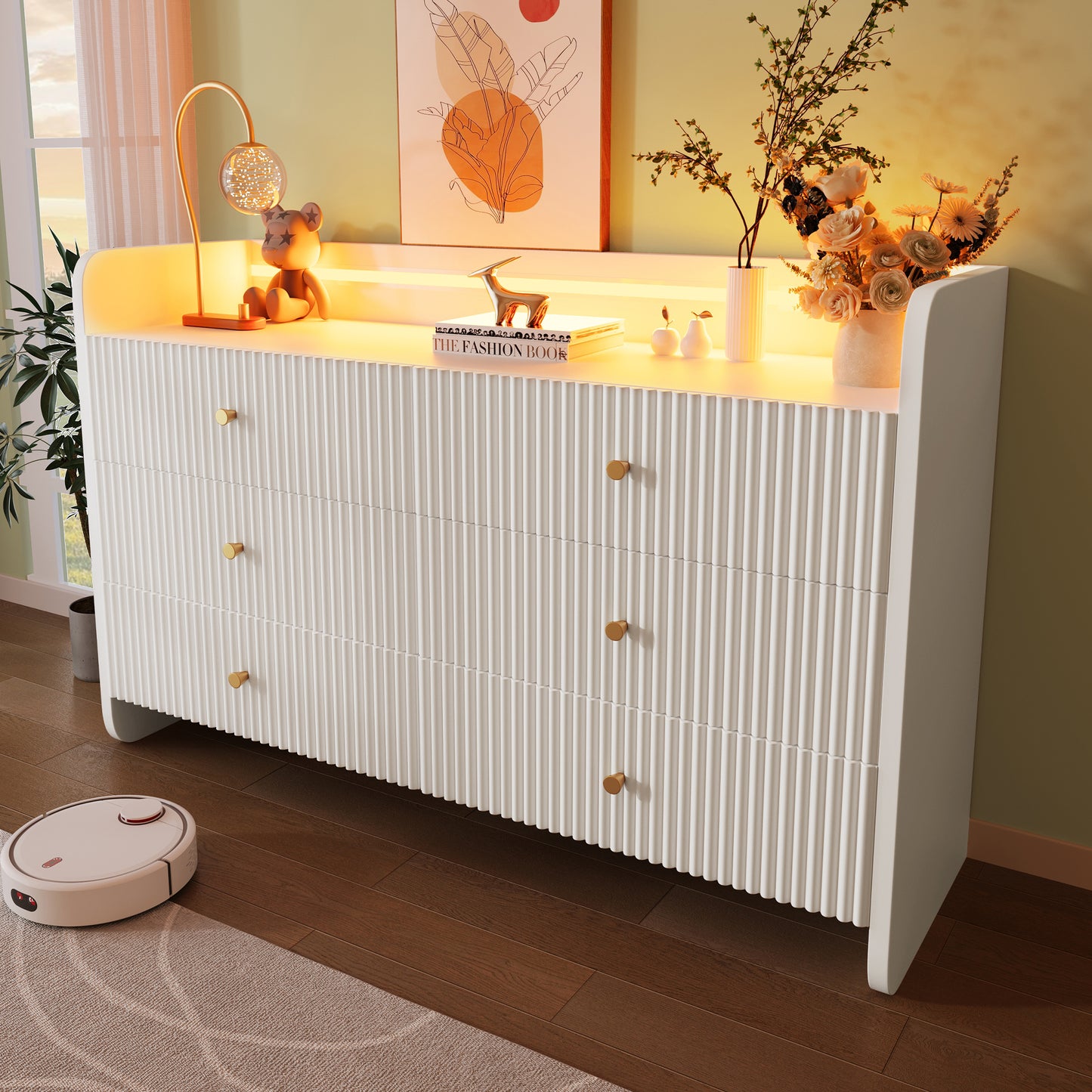 Sideboard, Chest Of Drawers With LED Lighting And 6 Drawers, Wavy Groove Design, Modern Wardrobe For Living Room And Bedroom, 120x40x75cm, White