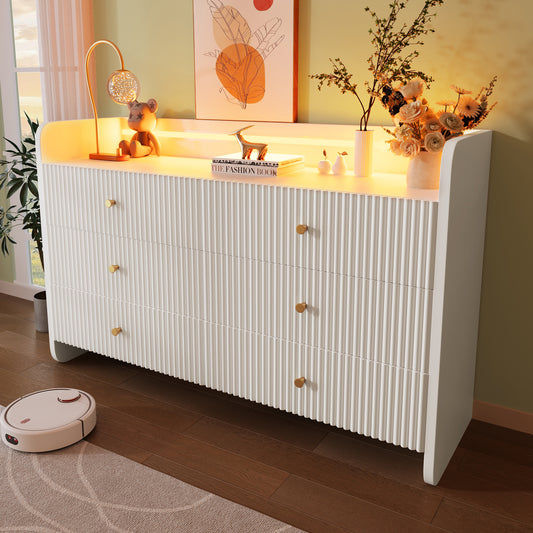 Sideboard, Chest Of Drawers With LED Lighting And 6 Drawers, Wavy Groove Design, Modern Wardrobe For Living Room And Bedroom, 120x40x75cm, White