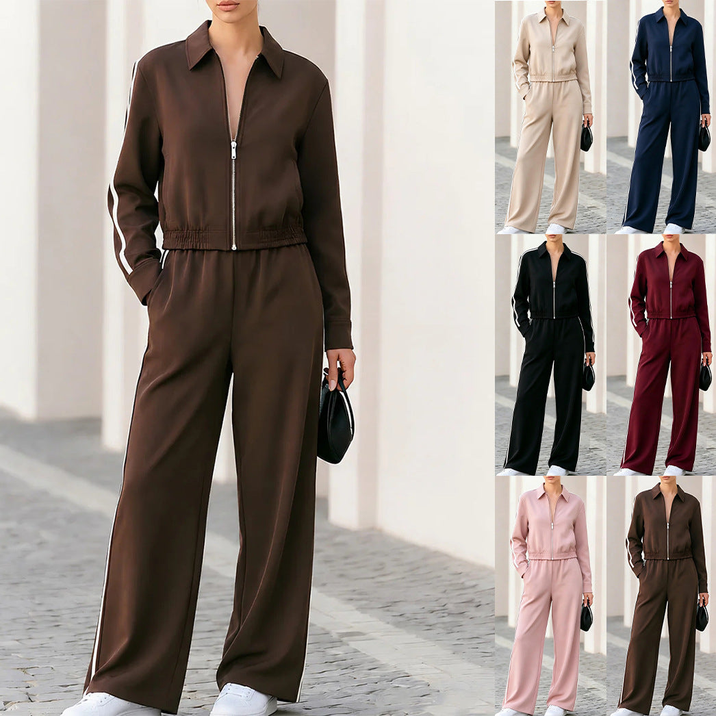 New Fallwinter Stand-collar Zip-up Short Sports Jacket And Side-striped Wide-leg Pants Two-piece Set