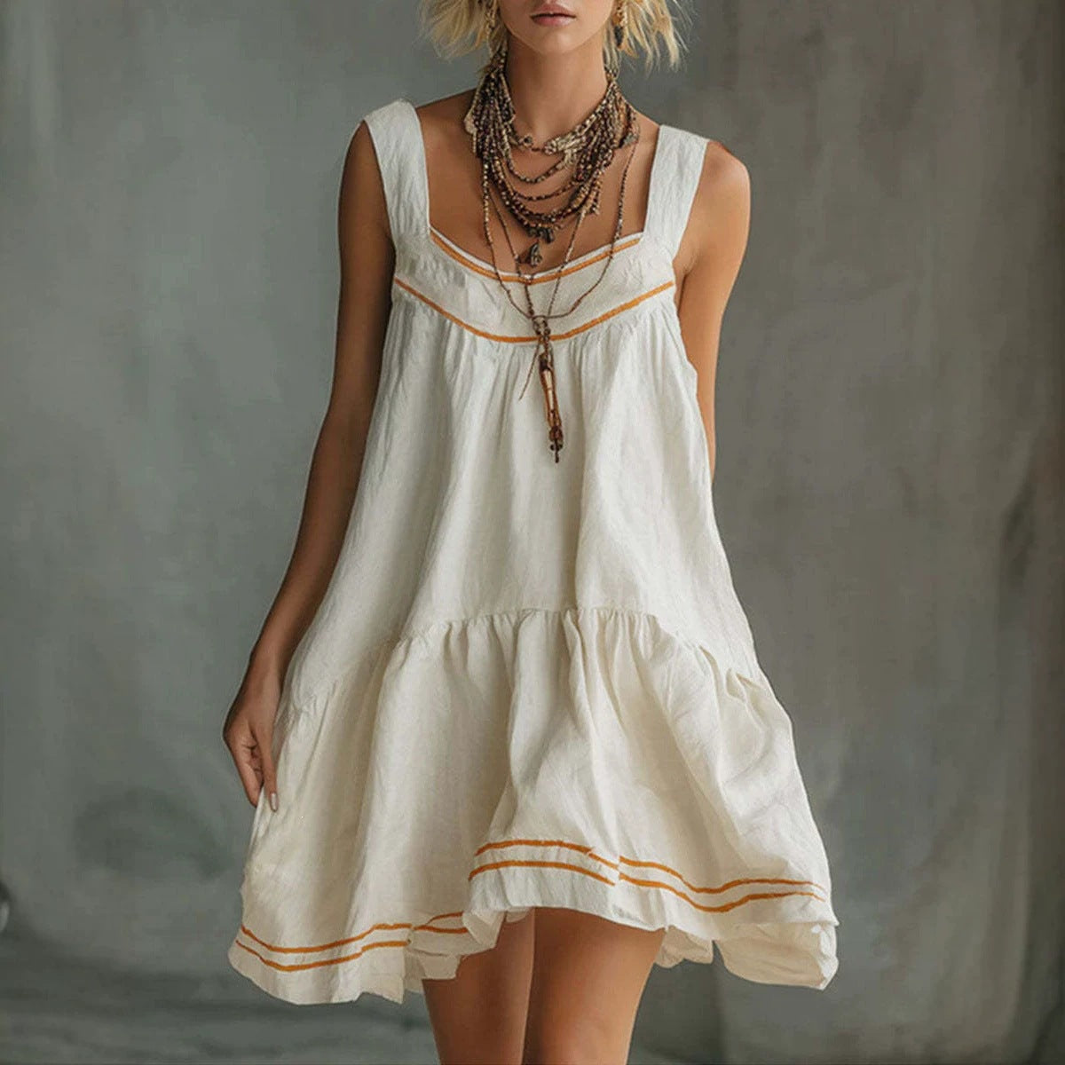 New Retro Casual Chic Embossed Comfortable Solid-color Cotton-linen Mini Slip Dress