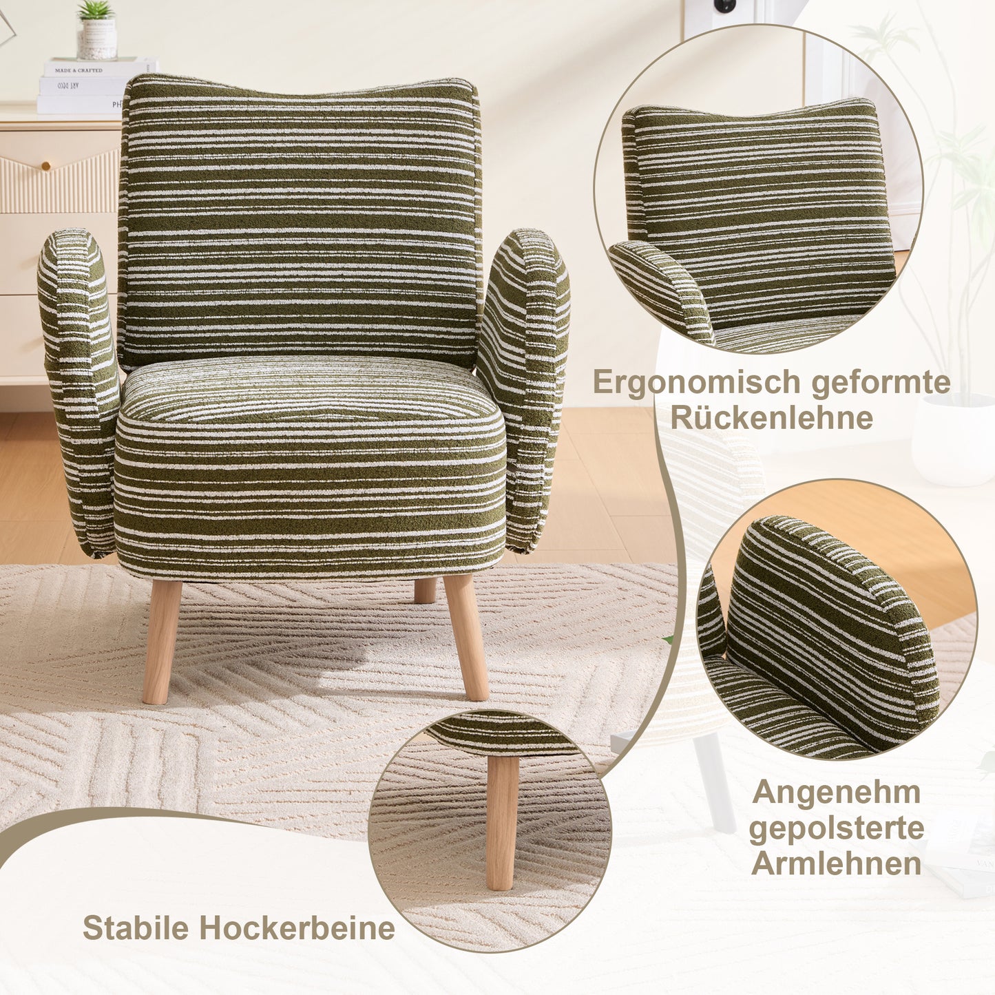 Modern Armchair, Fabric With Circle Pattern, With Side Pocket, Solid Wood Legs, Comfortable Reading Chair, Living Room, Bedroom, Office Olive Green Boucle