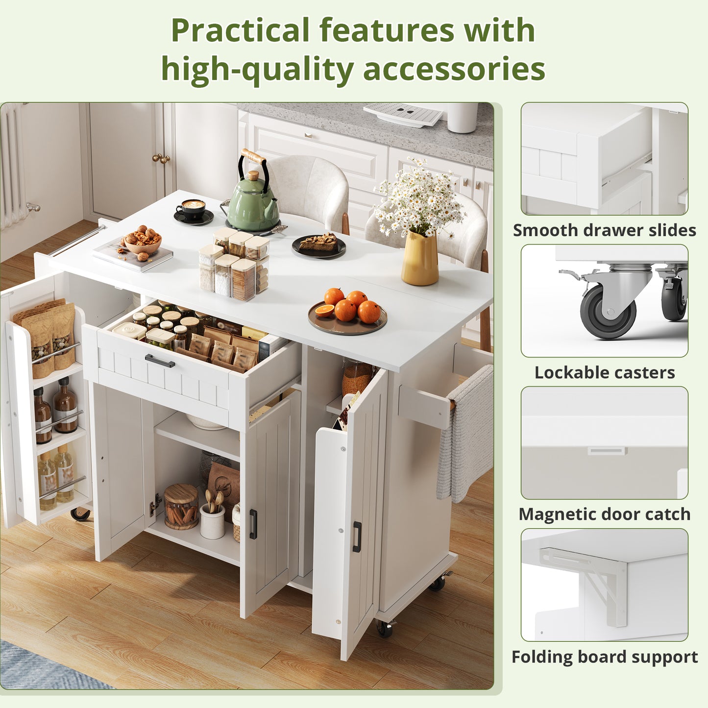 Kitchen Island With Folding Worktop, Kitchen Trolley On Wheels, Kitchen Cabinet With 4 Doors And 1 Drawer, Integrated Spice Racks In The Doors, Double-sided Towel Rails, White,120x45 -70x95