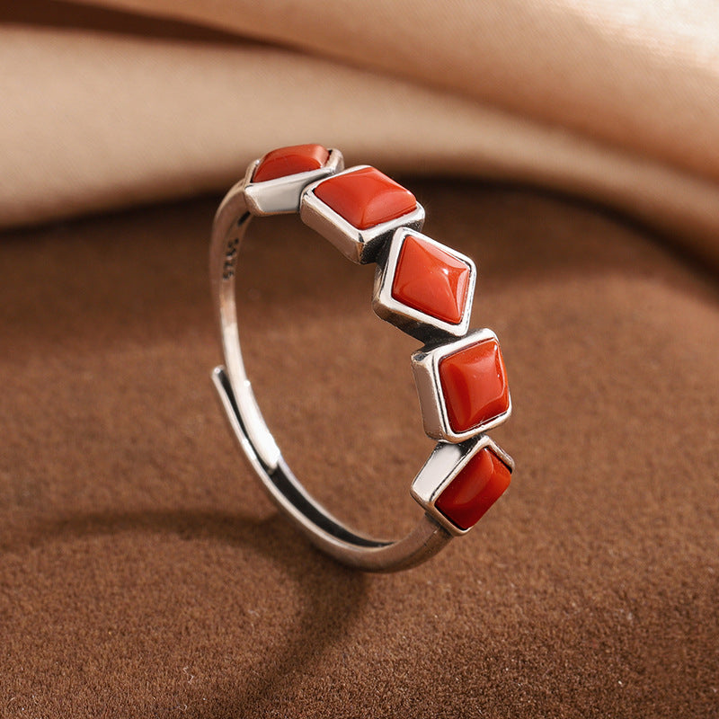 S925 Sterling Silver Vintage Fashion Natural South Red Agate Ring