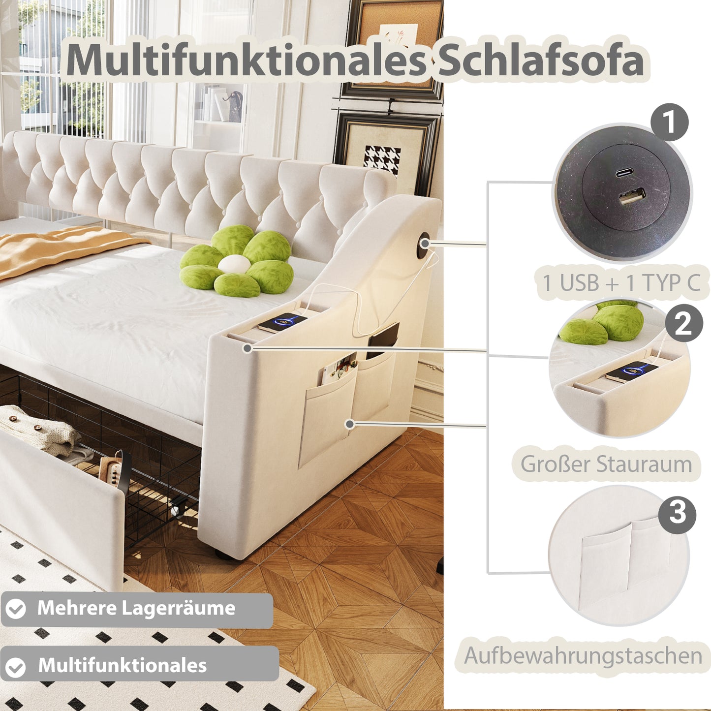 Upholstered Bed Sofa Bed 90x190 Cm, Wider And Thicker Armrests With USB Charging Port, Integrated Shelf In The Armrests, With Storage Pockets, With Storage Drawer, Velvet Fabric, Beige