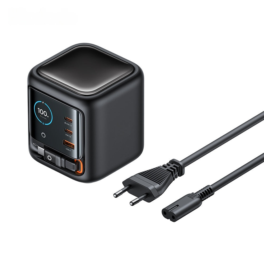 100W GaN Multi-Port Charger with Built-in Retractable Type-C Cable - AI Smart Display UK EU Plug Adapter Fast Charging for Laptop Phone Tablet Travel