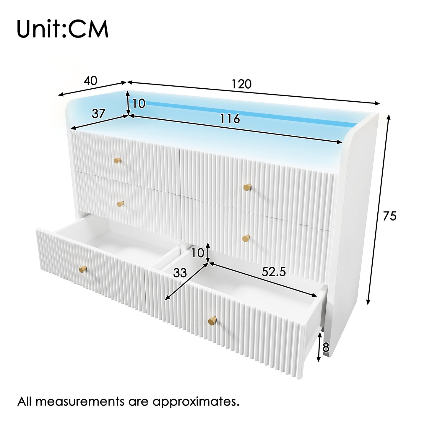 Sideboard, Chest Of Drawers With LED Lighting And 6 Drawers, Wavy Groove Design, Modern Wardrobe For Living Room And Bedroom, 120x40x75cm, White