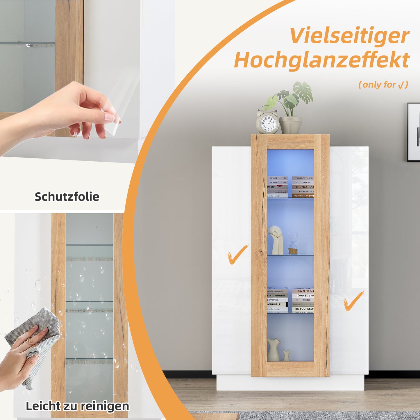 74 X 40 X 120 Cm Living Room Cabinet With 3 Doors, Transparent Doors, High-gloss Display Cabinet With LED Lighting, Bookcase With Glass Shelves And A Drawer, Freestanding Display Cabinet With A Height
