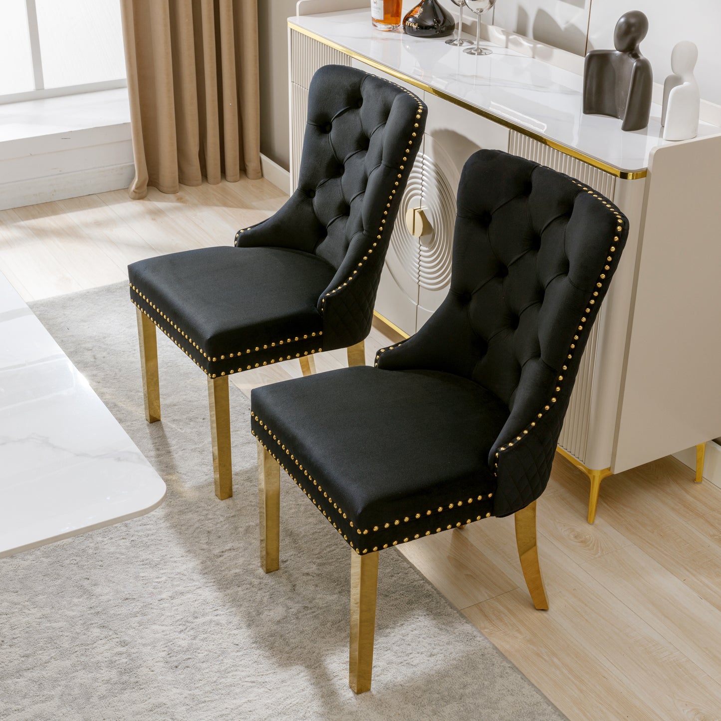 Dining Chair Kitchen Chair Living Room Chair With Unique Round Pull Rings On The Back, 2 Pcs, Upholstered Chair With Nailhead Trim, Gold Plated Stainless Steel Support Legs, Velvet, Black Gold