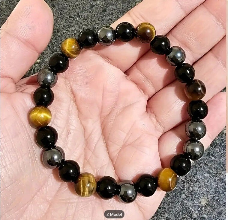 Triple Protection Bracelet, 2 Pieces Black Obsidian Tiger's Eye Stone Hematite Bracelet, Natural Tiger's Eye Bracelet Good Luck Bracelet Gift For Him Friend Husband Father