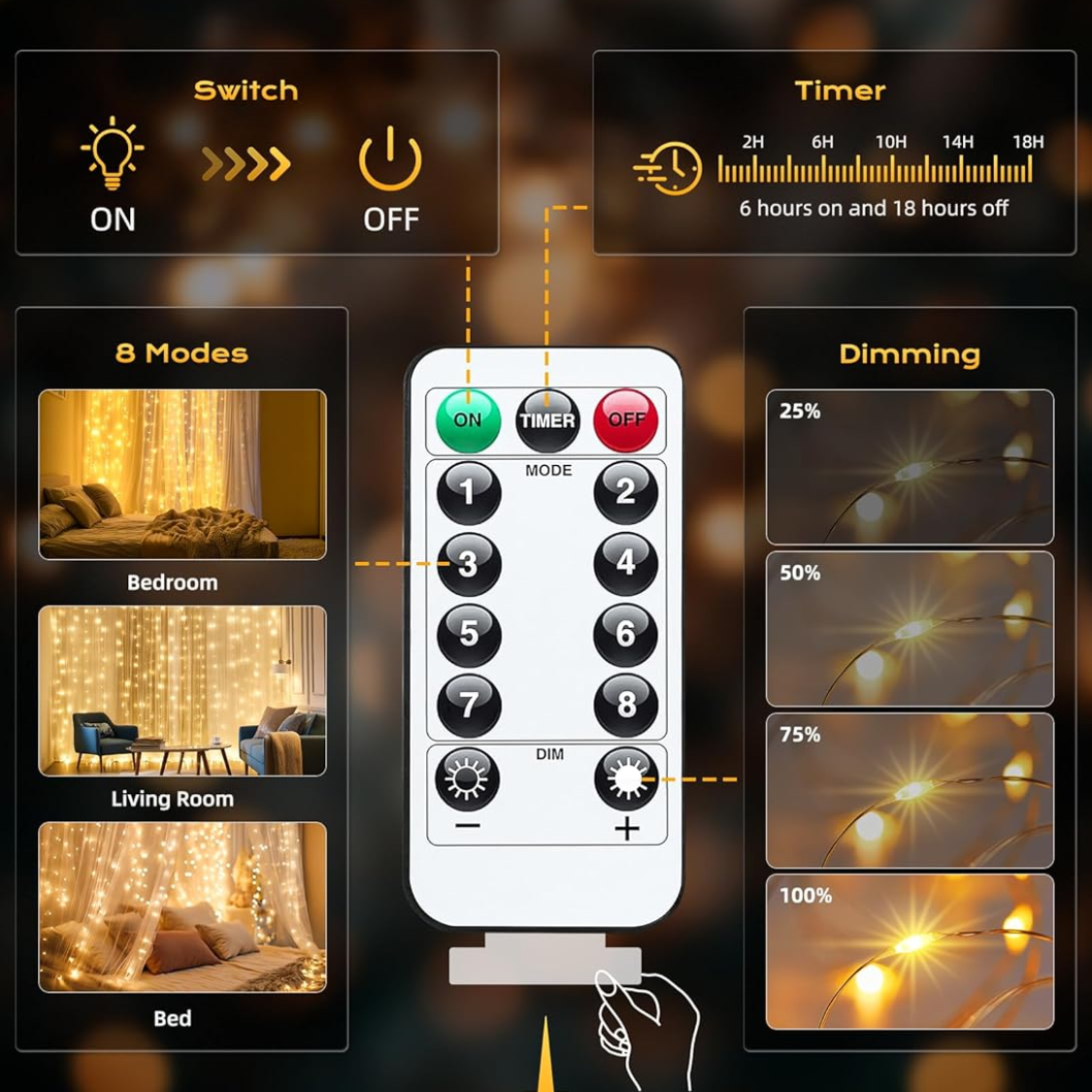 300 LED Fairy Curtain Lights  Warm White Curtain String Lights USB Plug In 8 Lighting Modes Christmas Decoration, Hanging Lights