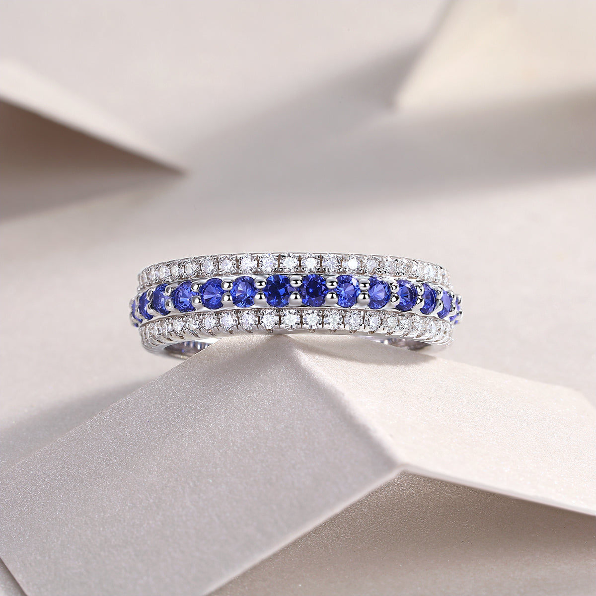 3.6g S925 Sterling Silver 3 Row Eternity Ring  Synthetic Blue Sapphire & White Stones Band, Platinum Plated Promise Ring For Women, Jewelry Gift Box Set