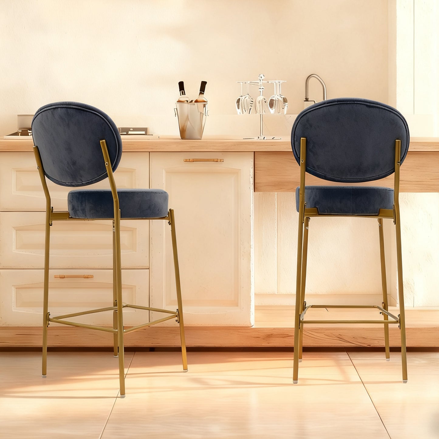 Set Of 2 Velvet Upholstered Bar Stools Round Counter Stool With Backrest & Footrest Dining Chairs For Kitchen Island  Gray