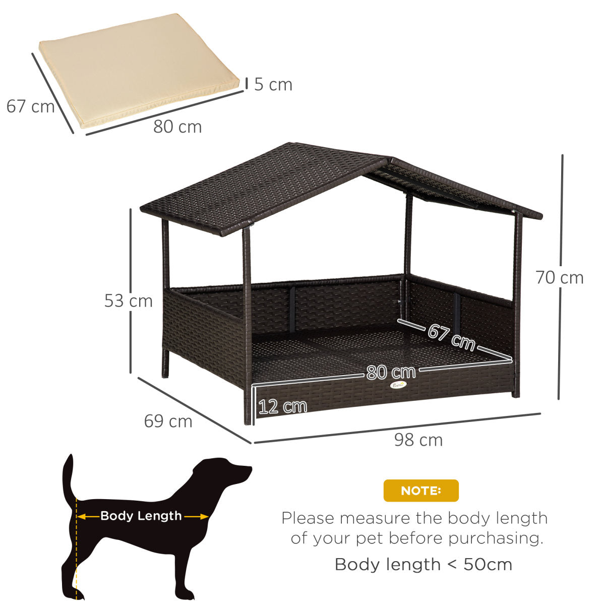 PawHut Wicker Dog House, Rattan Pet Bed, With Removable Cushion, Canopy, For Small And Medium Dogs - Cream