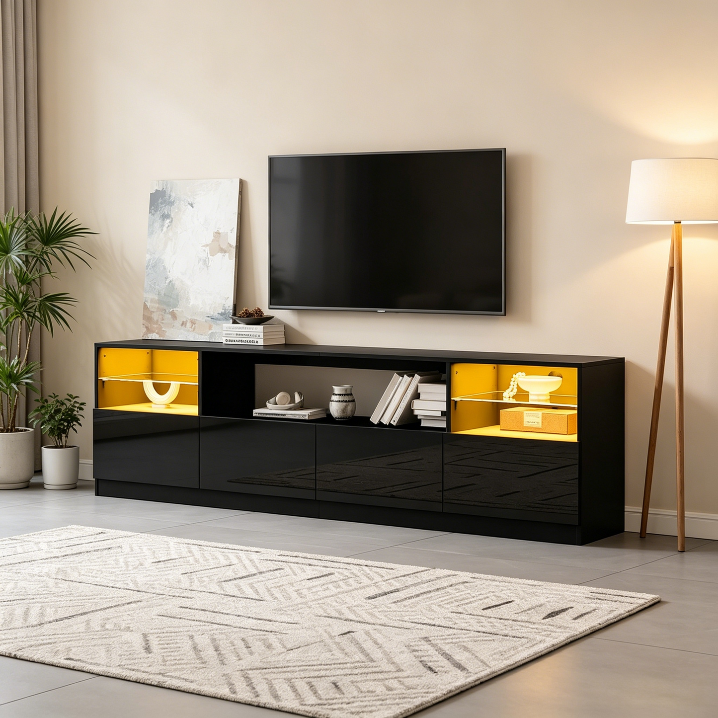 TV Cabinet With LED Lighting, Open Cabinet, 4 Hinged Doors, 8 Storage Spaces, Black High-gloss Cabinet, TV Stand For TVs Up To 75 Inches, TV Lowboard For Living Room, Dining Room, 180 X 35 X 60 Cm