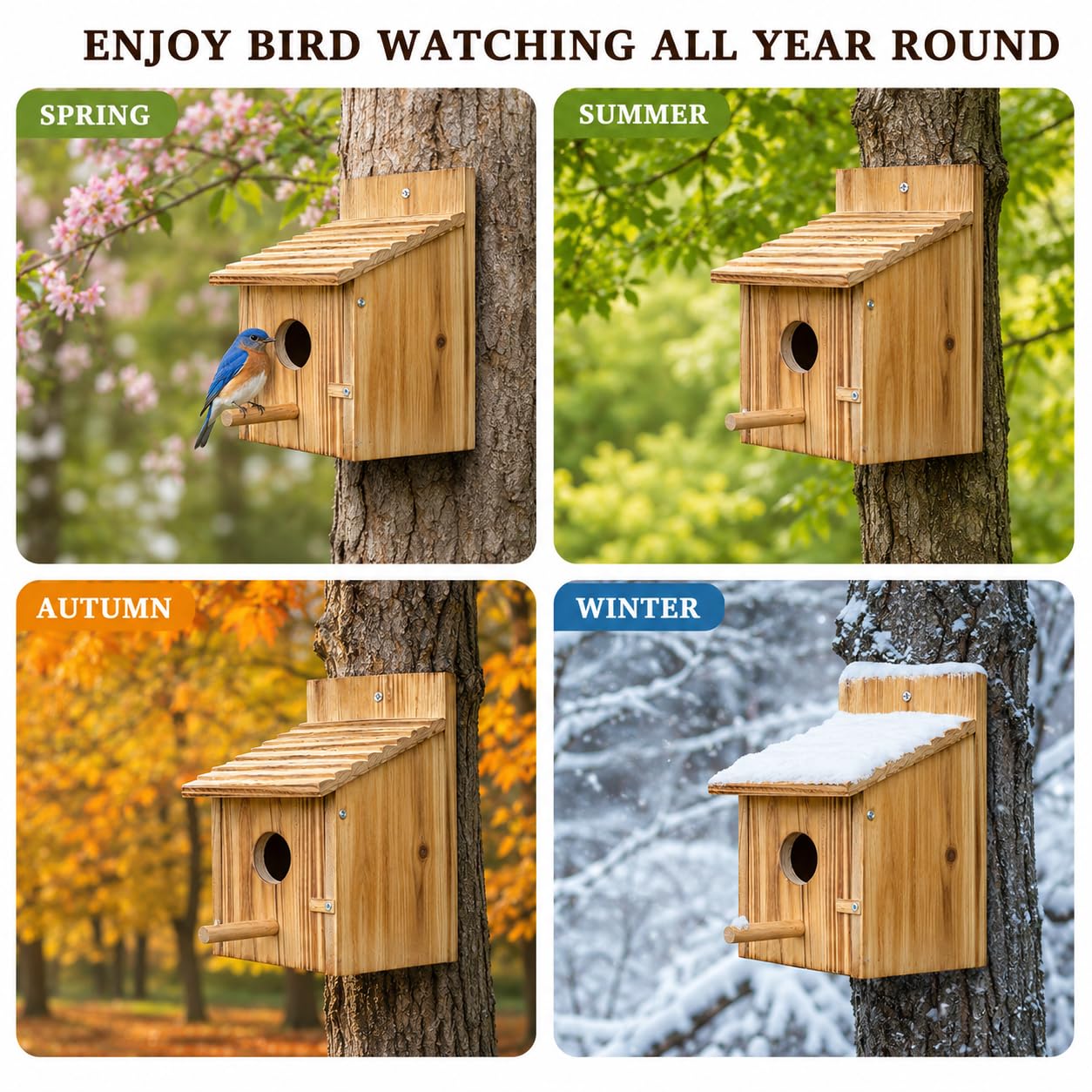 Wooden Bird House For Outside, Hanging Natural Wood Birdhouse With Perch, 1.5in Entrance & Side Clean-Out Door For Bluebirds, Wrens And Finches, Garden Decor