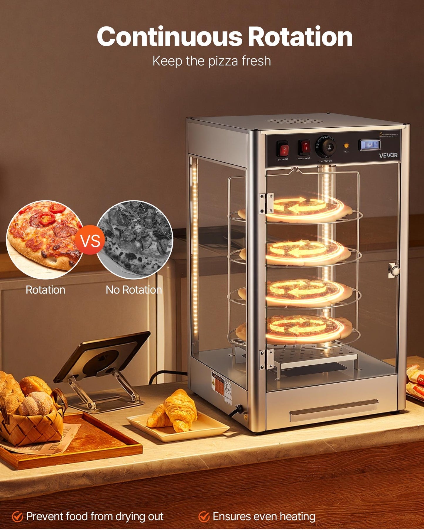 Commercial Food Warmer Display, 4-Tier Pizza Warmer With Rotary Steam Heating For 14 In Pizza, 86 F-185 F Temperature Control And Temp Display, 25W Oven Light  Top LED For Pizza Shop, Restaurant