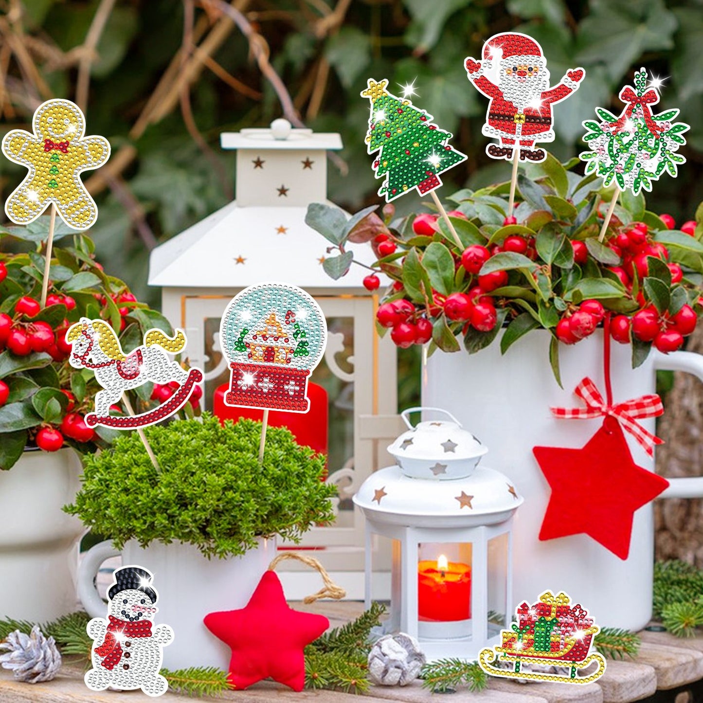 12Pcs Christmas Rhinestones Painting Kits Santa Claus Snowman Gingerbread Man Christmas Stockings Bows Design Rhinestones Art For DIY Art Garden Stake Decoratoin Enjoy Crafting Holiday Gifts