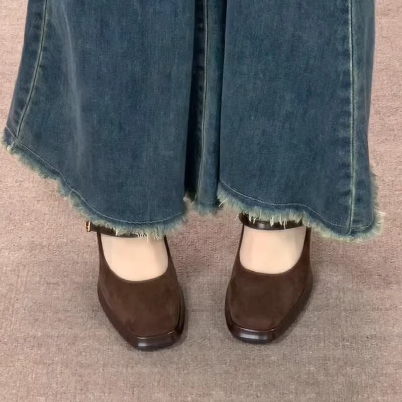 Women Vintage British Matte Suede Platform, Square Toe Double Gold Metal Buckle Ankle Strap Chunky Trapezoid Block High Heel Office Dress Shoes