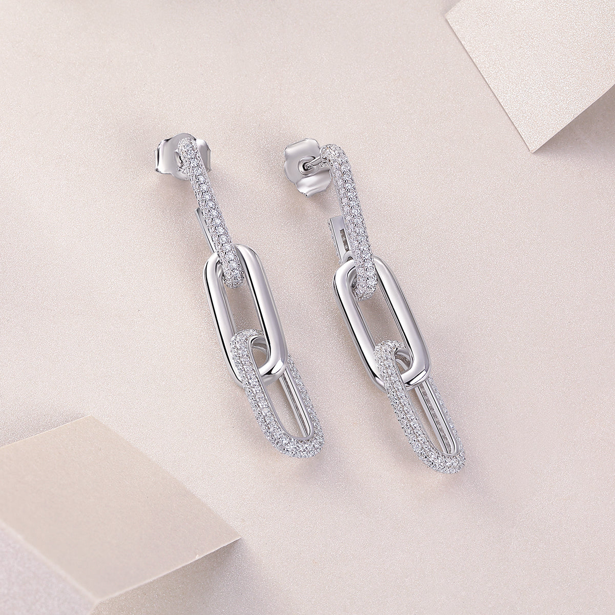 S925 Sterling Silver Chunky Chain Drop Earrings, D-VVS1 Moissanite Pave, Platinum Plated 9.2g Women's Jewelry Gift Box