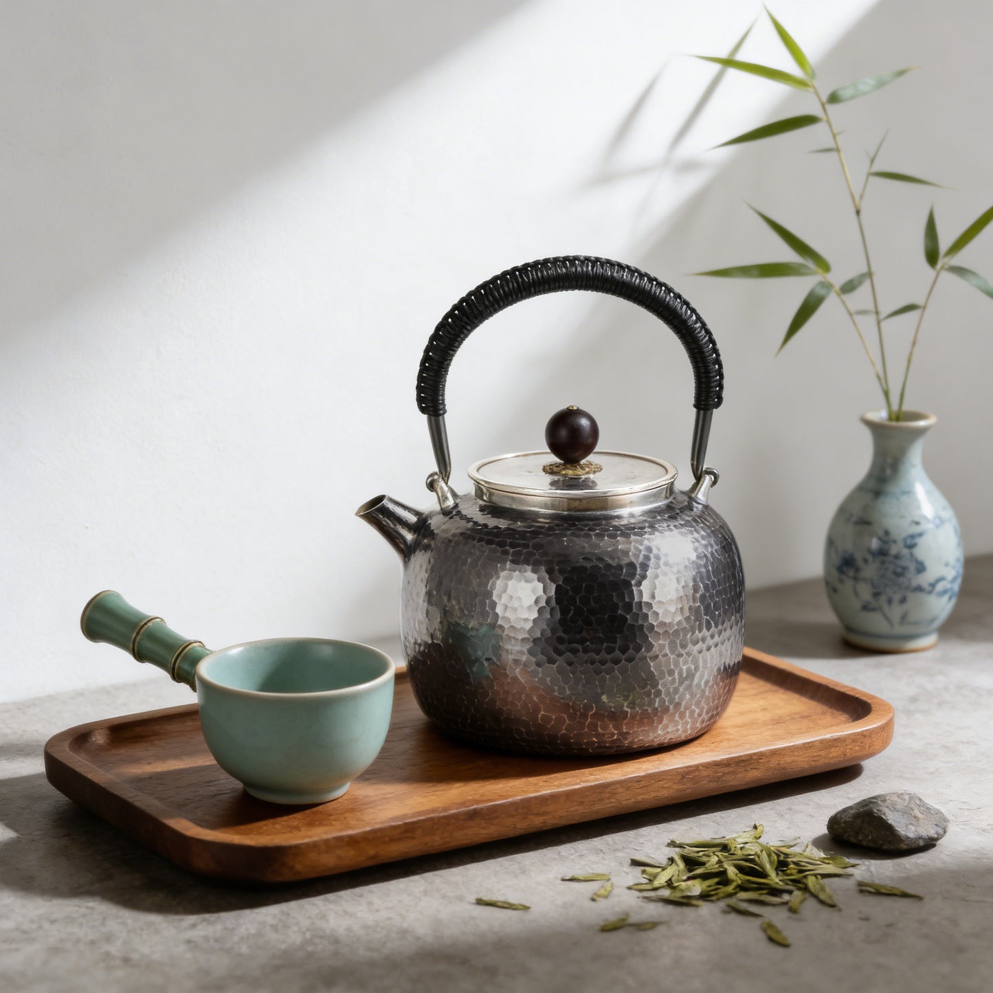 Pure 999 Fine Silver Elegant Handcrafted Hammered Silver Tea Kettle with Traditional Black Woven Handle - Handicraft