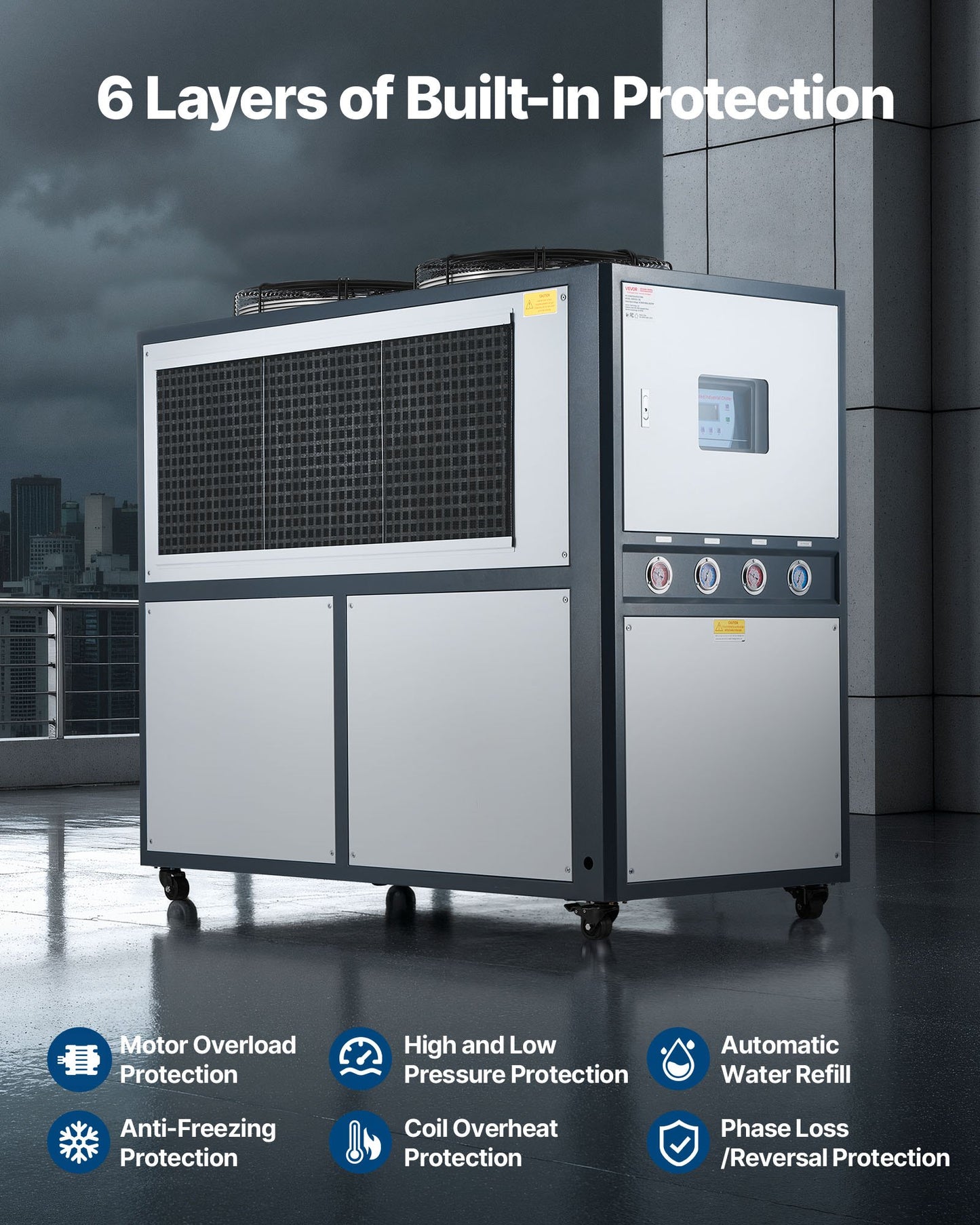 Air-Cooled Water Chiller, 16.67 HP, Industrial Water Chiller With 45,360 Kcal/h Cooling Capacity, Dual Compressor, 53 Gal Large Tank, LED Display, Cooler For Cooling Water, Not Air Conditioner
