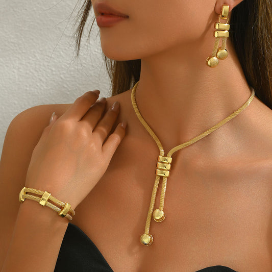 European American Cross-border Women Jewelry Set, 18K Gold Plated Long Geometric Tassel Necklace & Drop Earrings With Matching Niche Bracelet, Versatile Daily Accessories
