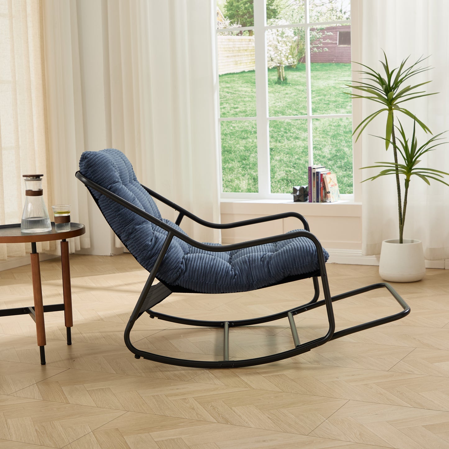 Outdoor Rocking Chair, Comfy Cushion, With Soft Thick Cushion,for Living Room, Bedroom, Reading Room, Black Frame With Navy Blue Cushion