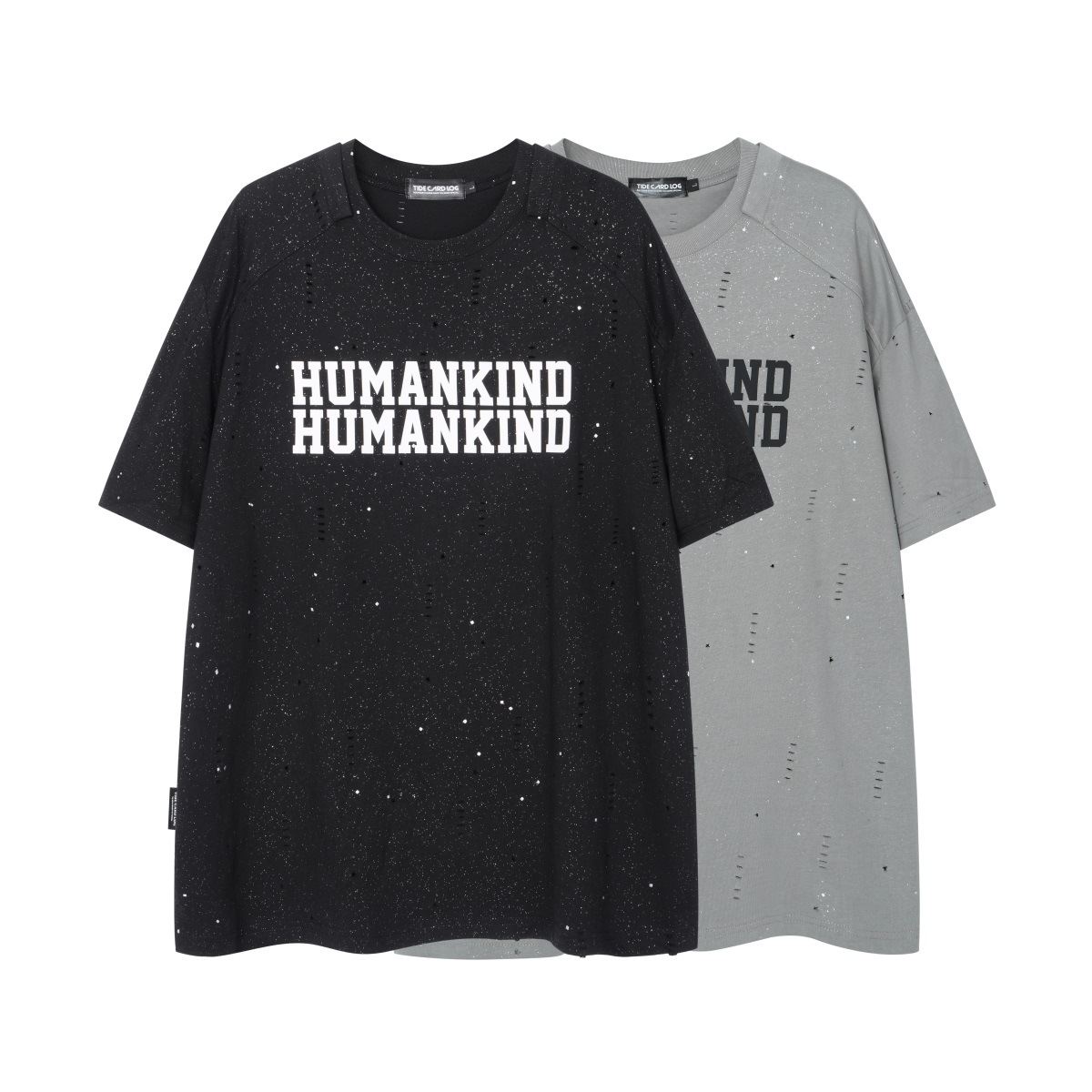 Featured Ripped Starry Double Layer Patchwork Round Neck Drop Shoulder Short Sleeve
