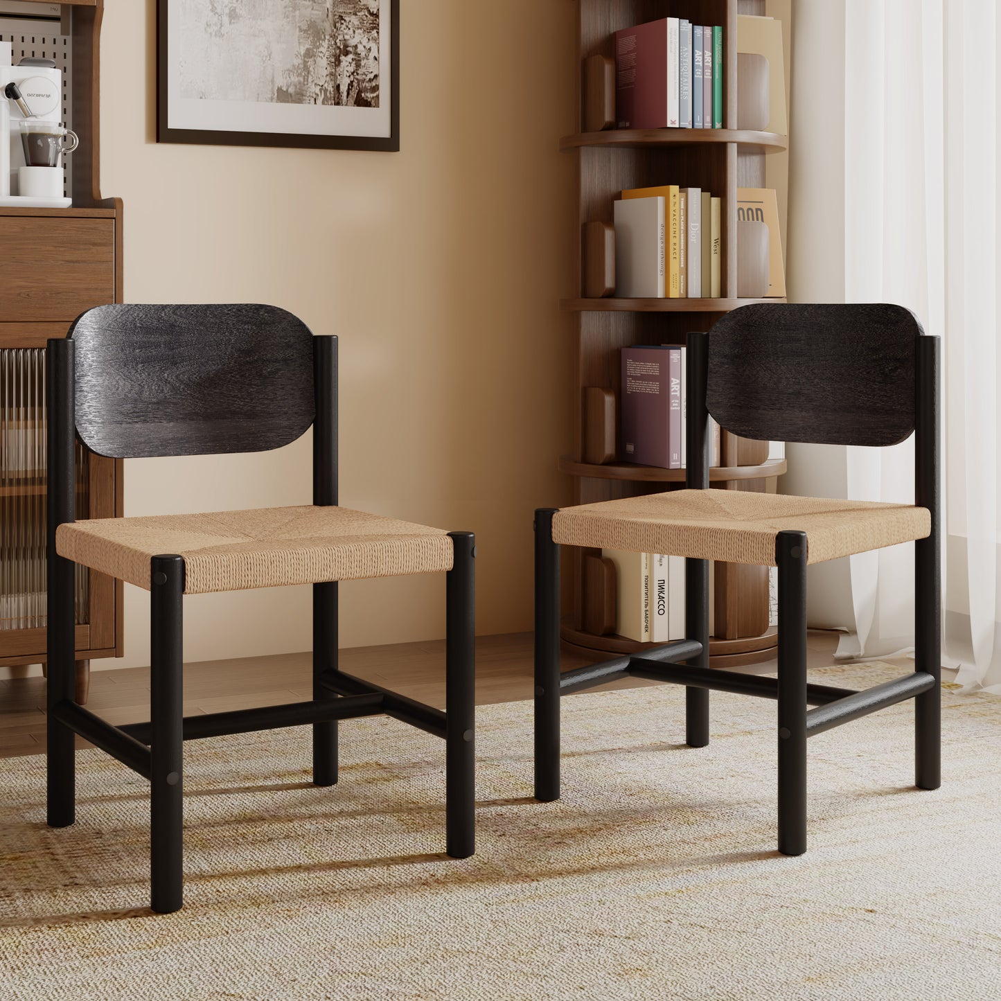 Wooden Dining Chairs With Beige Paper Rope Weave Seat, Indoor Armless Kitchen Chairs, Set Of 2