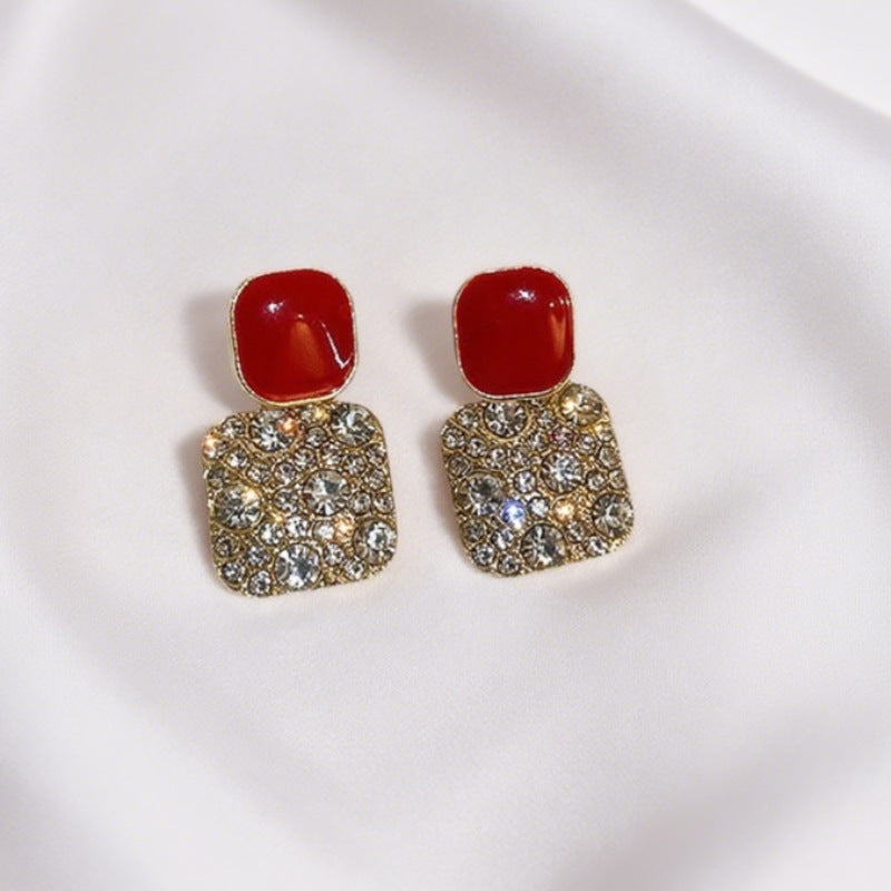 Korean Retro Purple Square Full Rhinestone Enamel Dangle Earrings, New Trendy Temperament Internet Celebrity Stud Earrings For Women