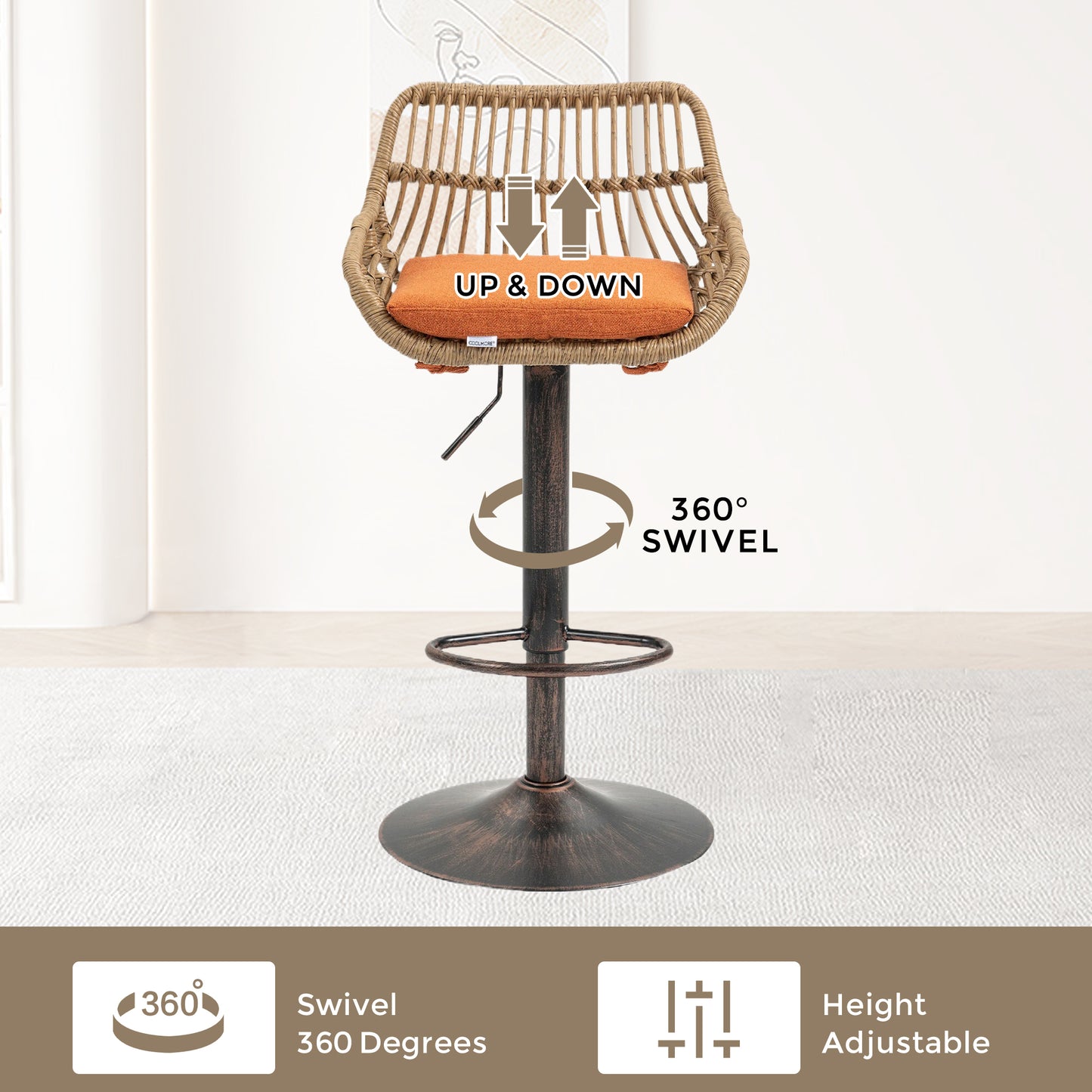 Modern Swivel Bar Stools Set Of 2 Adjustable Counter Height Chairs With Footrest For Kitchen, Dining Room  Orange