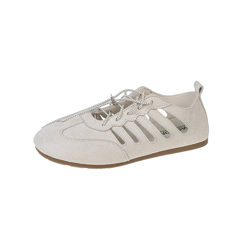 2026 New Women's French Hollow Breathable Hidden Platform Mary Janes, Round Toe Lace-Up Soft Flat Shallow Mouth Flats
