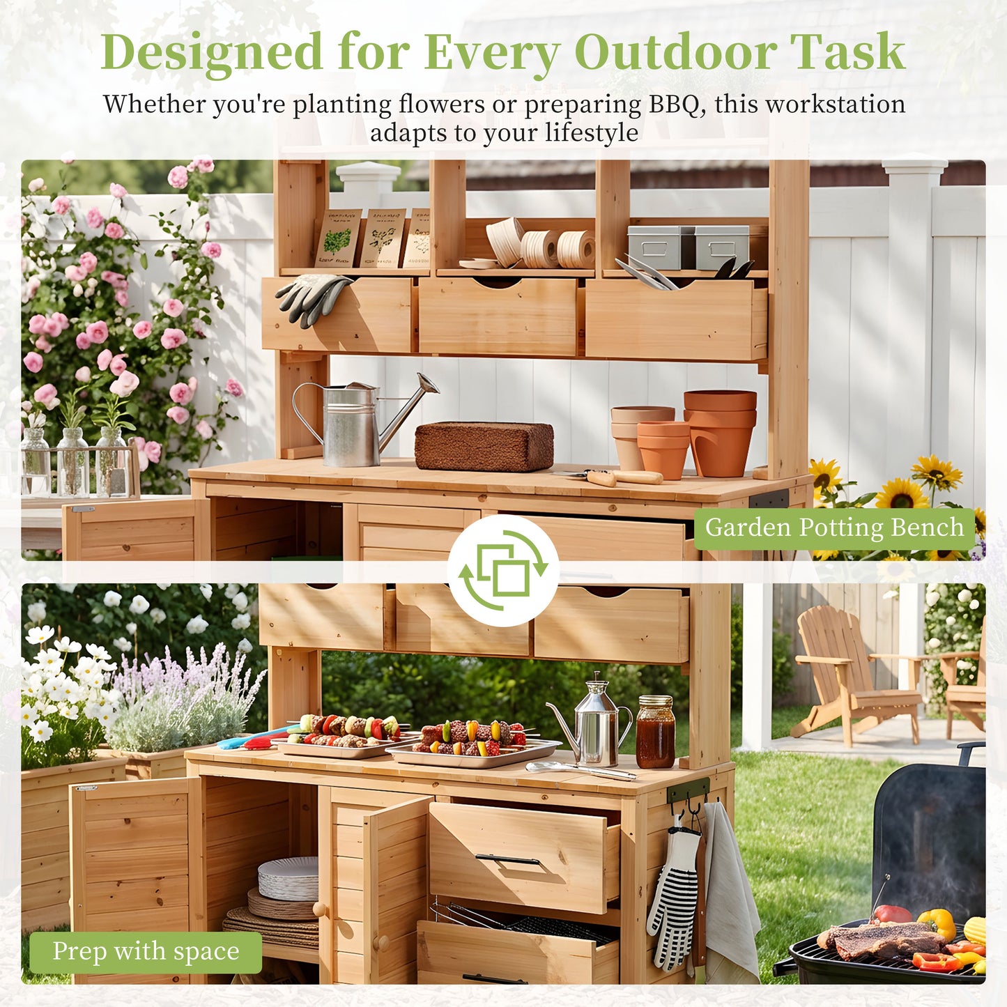 With Assembly Video  TOPMAx Farmhouse Patio Potting Bench  44.6 X19.5  Large Freestanding Garden Workstation With 6 Drawers  Bottom Cabinet And Side Hook  Outdoor Kitchen Island  Natural Wood