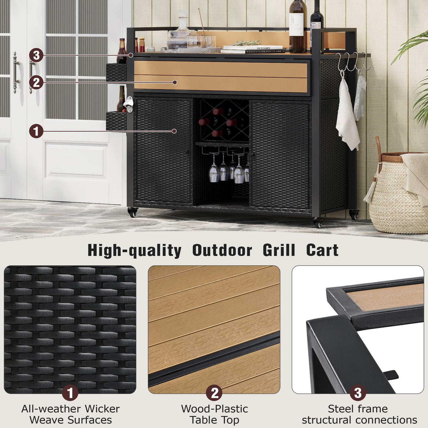K&K 52.8 W Wicker Outdoor Grill Cart With Extended Plastic Wood Table Top, Rolling Kitchen Island On Wheels With Storage Cabinet, For Patio Backyard Garden Poolside, Double Handle Design, Black Brown