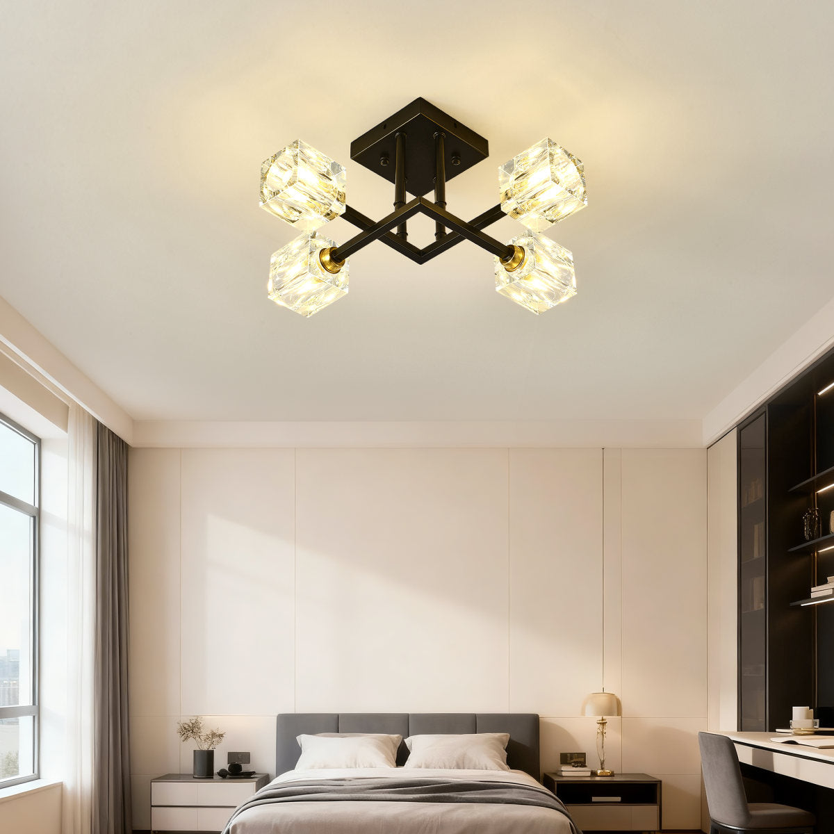 Modern Luxurious Crystal Ceiling Light, 4 Lights-BO INCLUDED Bulb  Modern Crystal Ceiling Light For Dining Room, Pendant Lamp Ceiling Lighting For Living Bedroom Hall Balcony --Matte Black