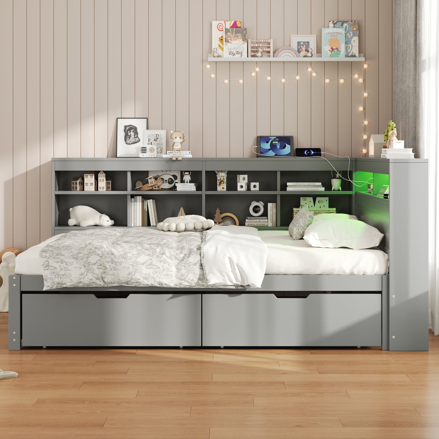 4ft6 Double Daybed With Two Storage Drawers And Beside Storage, LED Modern Bed Frame With Charging Station, Wood Bed For Living Room  Bedroom  Study Room, 135X190cm, Easy Assembly, Grey  No Mattress