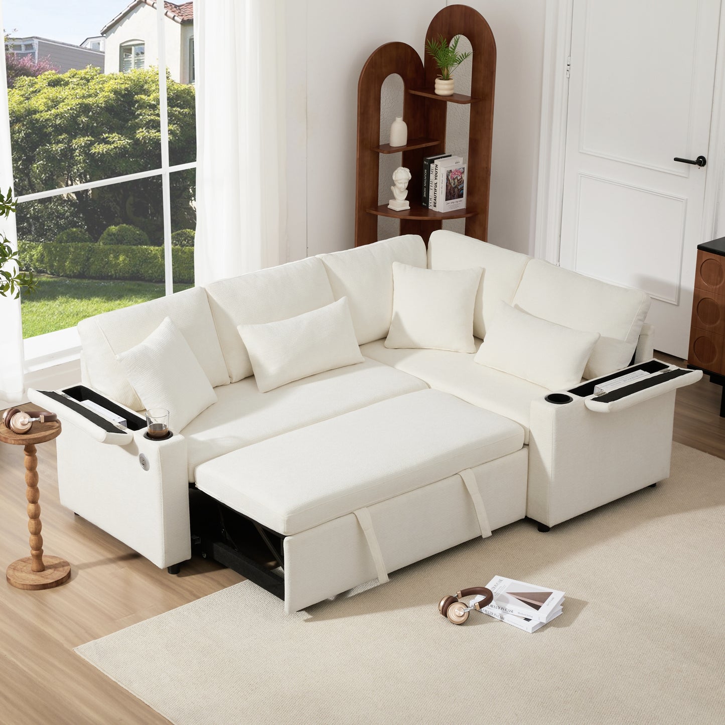 L Shaped Extendable Convertible Corner Sofa With Storage, Cup Holders, USB Charging Port, Armrest Tray And 4 Cushions, Ideal For Living Room, Guest Room And Home Cinema, Beige.