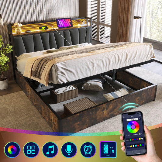 Upholstered Bed Metal Bed LED App-Control Double Bed With Charging USB Charging Headboard And LED Lighting, Metal Bed 160x200cm Wooden Slatted Frame, Grey Without Mattress