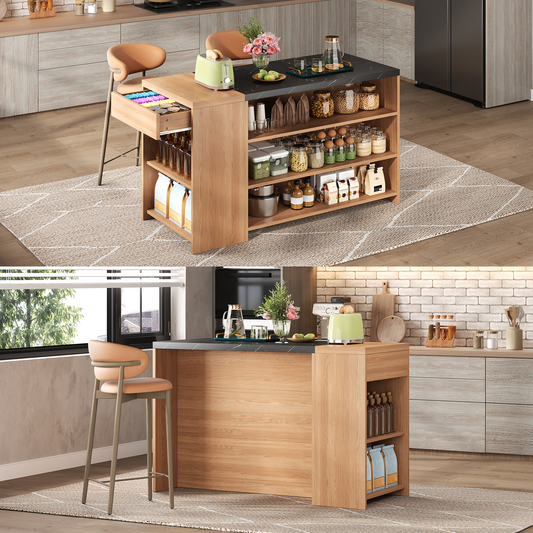 Kitchen Island Bar Counter Bar Table Dining Table, 5 Levels Of Storage Space & Hidden Drawer, Thickened Table Top, Oak & Black In Marble Look, 140x60x90 Cm