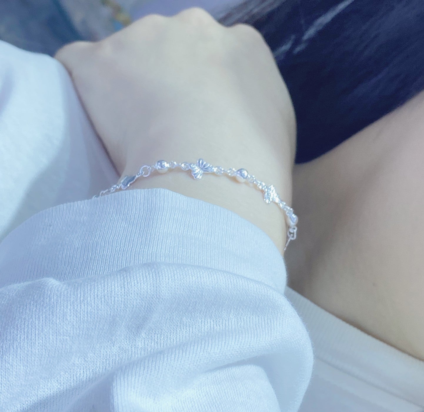 1pc 999 Sterling Silver Butterfly & Bead Chain Bracelet, Delicate Style, Perfect For Daily Wear And Valentine's Gift