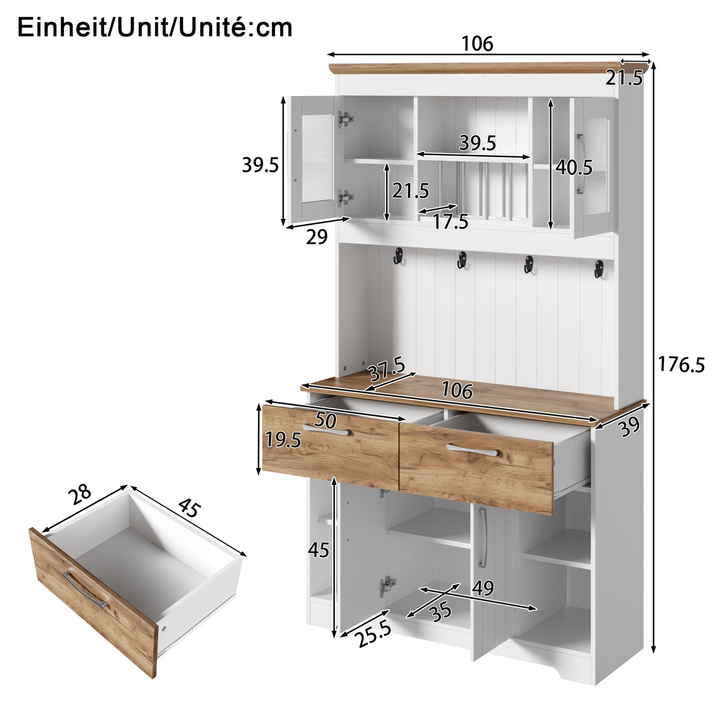 Large Kitchen Buffet Cabinet With Storage Space, Kitchen Cabinet With Display Cabinet Compartments, 2 Drawers, Doors And Hook Rail  Modern Buffet Cabinet For Kitchen, Dining Room & Hallway, 106 X39