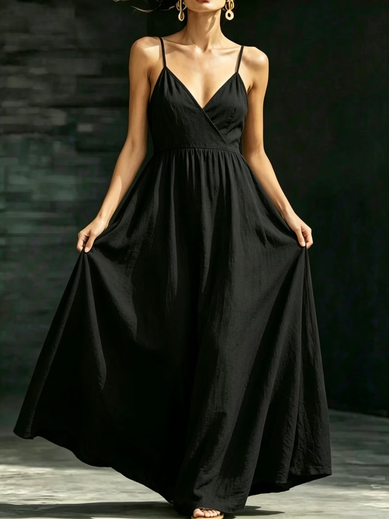 Summer V-Neck Spaghetti Strap Maxi Dress With Pockets - Elegant Vacation & Office Wear For Women