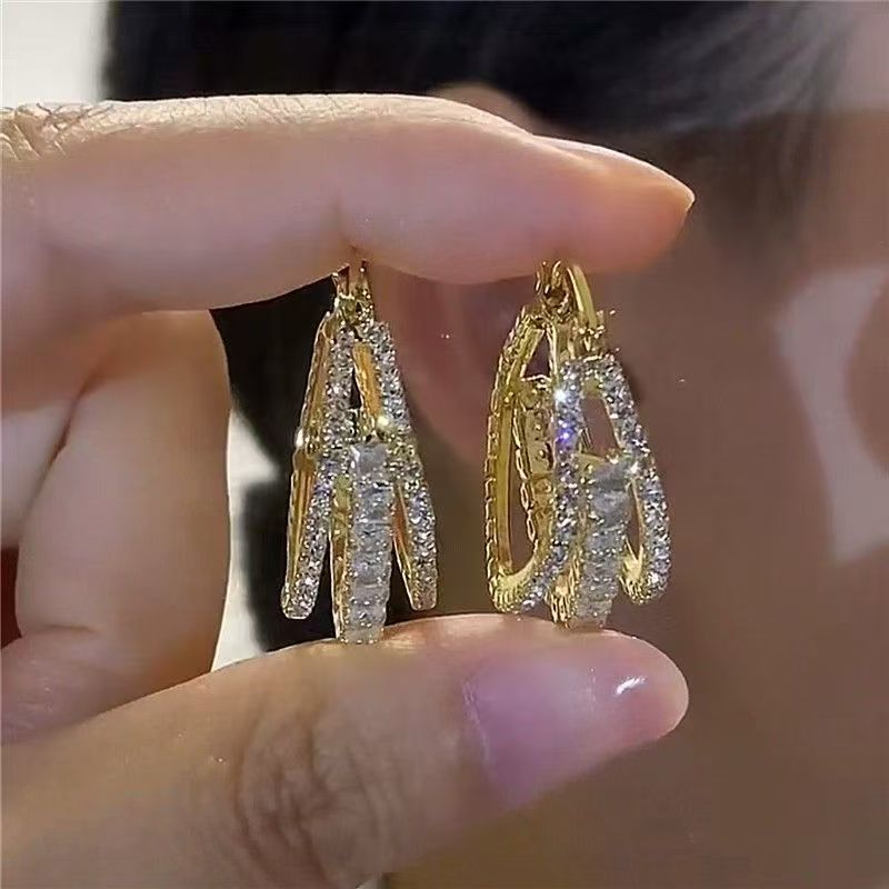 2026 New Spring & Summer Hong Kong Style Light Luxury Super Sparkly Alloy Geometric Square Hoop Earrings, High-End Designer Elegant Ear Rings For Women