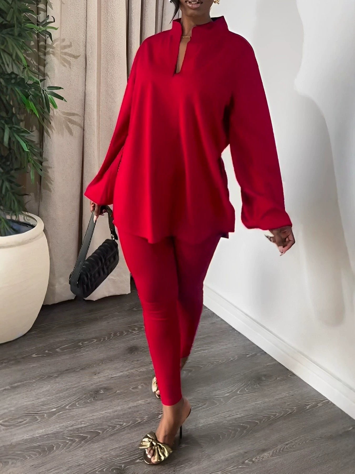 New Solid Color Split V-Neck Top & Skinny Pants Elegant Two-Piece Outfit