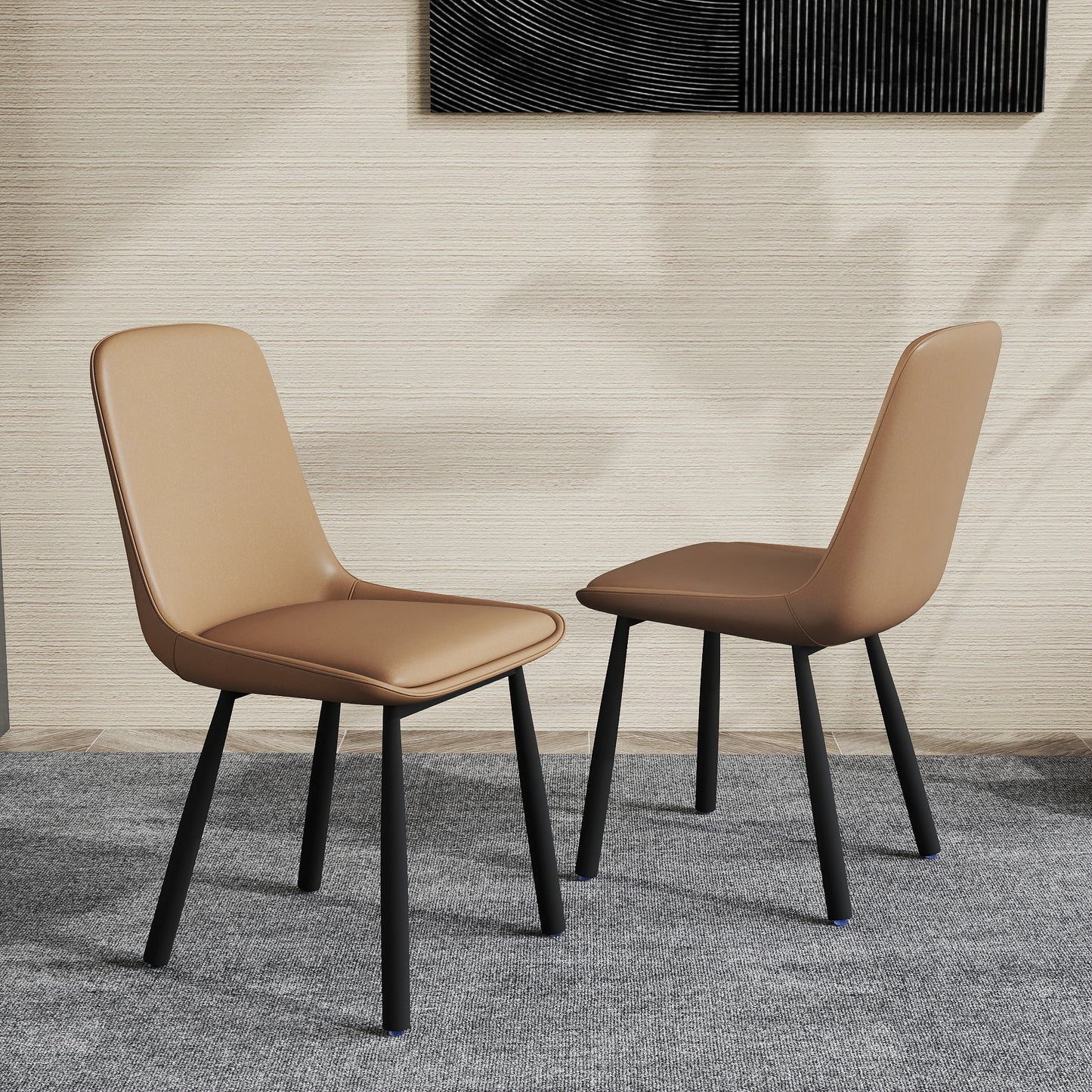 Modern Minimalist Khaki Faux Leather Dining Chairs Set Of 2, Iron Legs, Nordic Style Upholstered Backrest Chairs For Kitchen & Living Room
