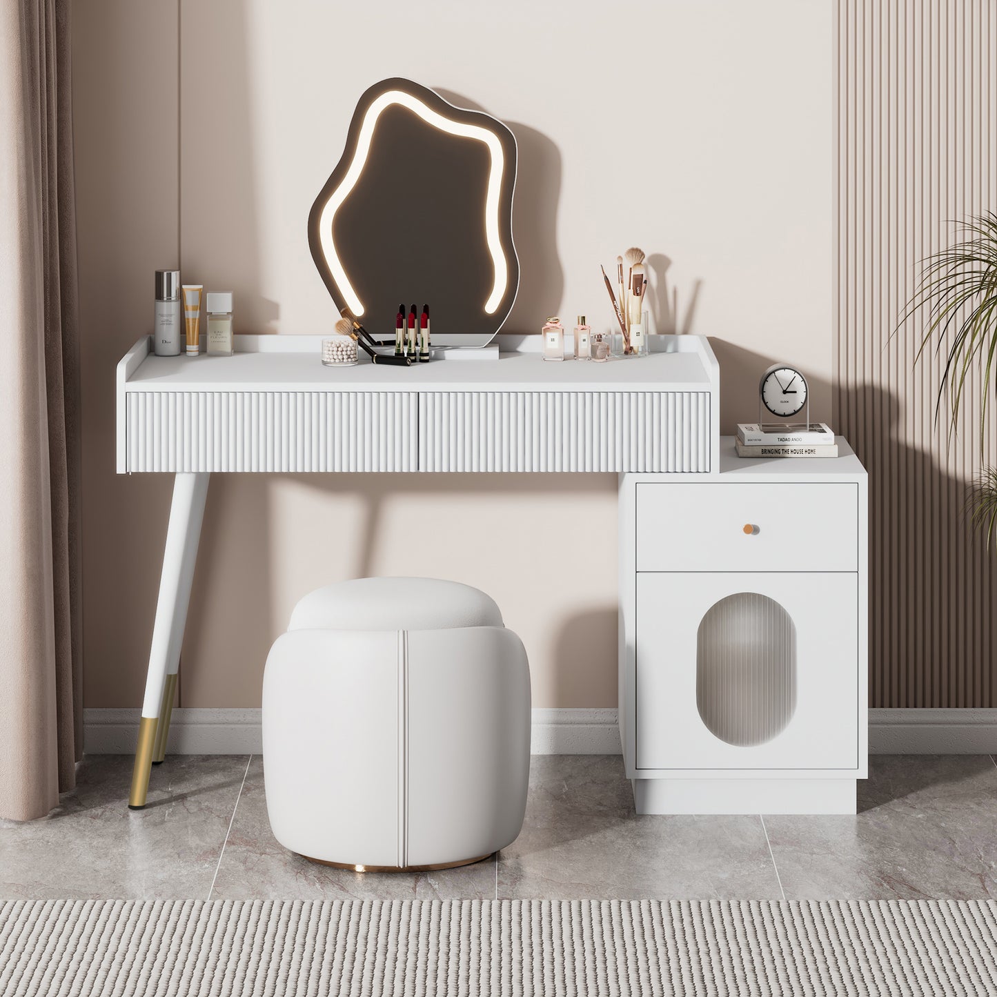 Dressing Table With LED Mirror And Lighting - White Dressing Table Set For Bedroom With Three Spacious Drawers And A Door - Dimensions W100 H75 D40 Cm Without Stool Old Sku RN3190801AAW