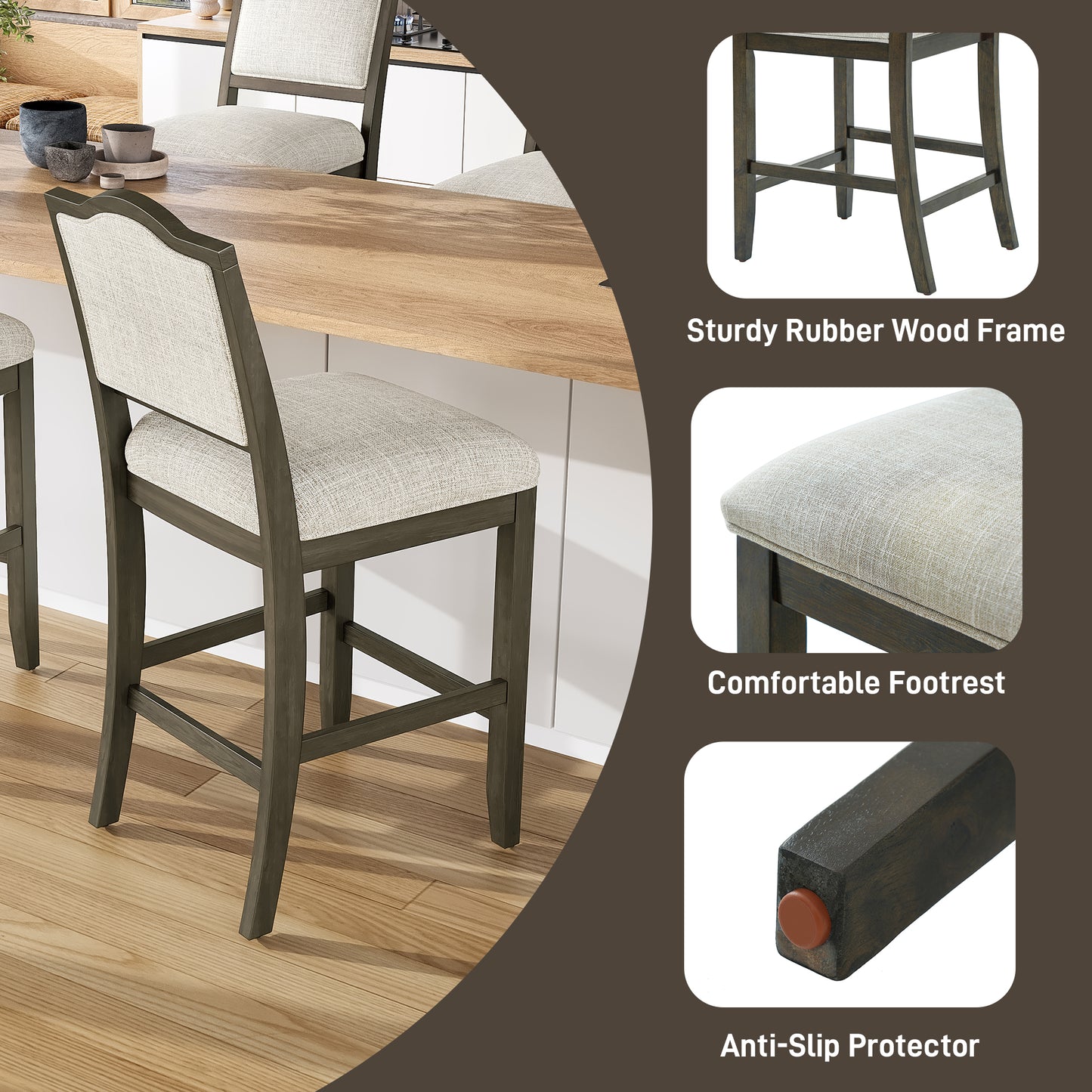 Counter Height Bar Stools Set Of 2 - Rustic 2 Pack Bar Stools With Rubber Wood Frame, Ergonomic Backrest, Versatile For Kitchen Island, Dining Room, Brown